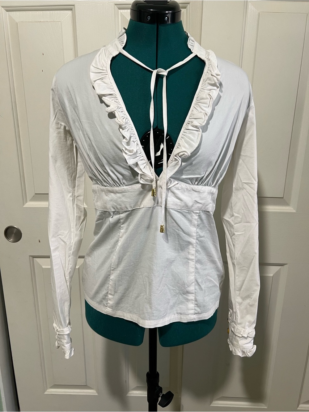 Rare Y2K Baby Phat White Ruffle V-Neck Tie Blouse
